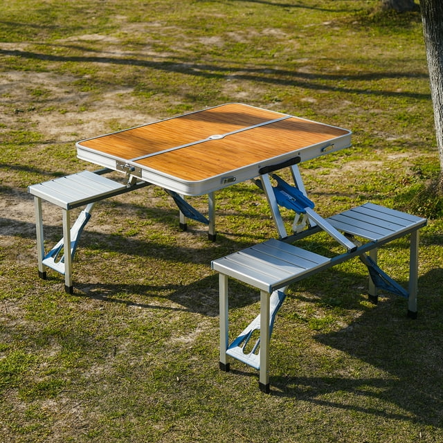 EURO SAKURA Folding Picnic Table Beach Set with Seats Chairs and Umbrella Hole Portable Camping Picnic Tables with Wooden
