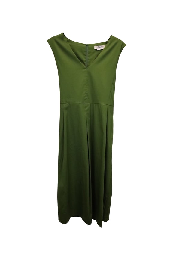 Pre-Owned Max Mara V-neck Flared Midi Dress in Green Cotton