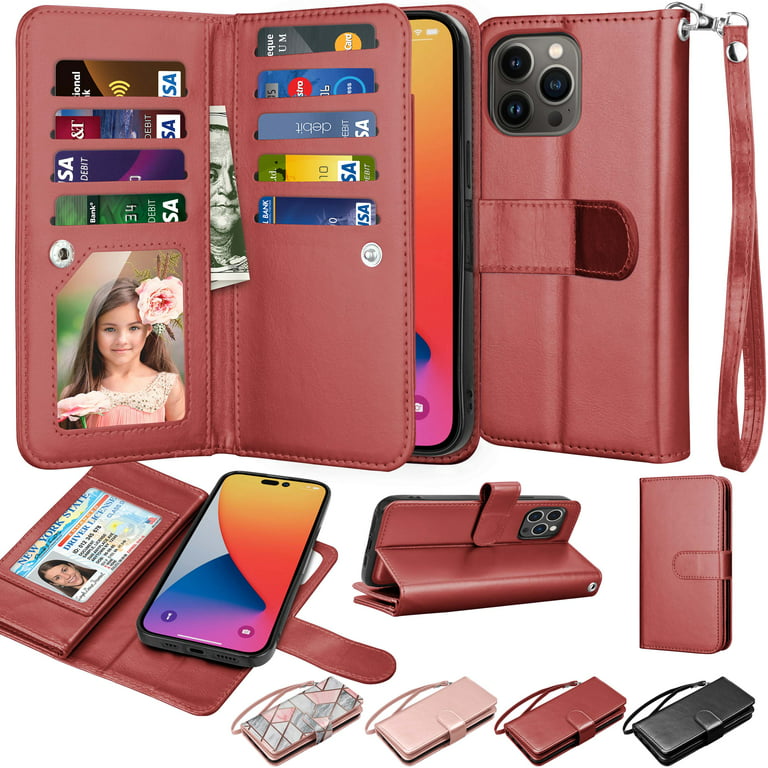 iPhone 14 Plus Wallet Case, iPhone 14 Plus PU Leather Case, Njjex Luxury PU  Leather [9 Card Slots Holder ] Carrying Folio Flip Cover [Detachable  Magnetic Hard Case] -Wine Red 