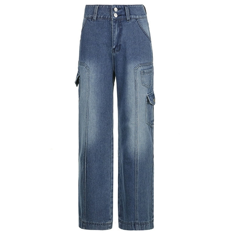 TFFR 90s Vintage Cargo Jeans High Waist Wide Leg Baggy Mom Denim Pants  Women Fashion Pockets Harajuku Oversized Long Trousers