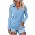 thumbnail image 2 of Yuhangmm Womens T Shirts, Women's Solid Color Long Sleeve Lapel V Neck Solid Color Top T Shirt 2 Long Sleeve Tee Shirt Blue S, 2 of 4