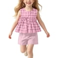 thumbnail image 2 of SGFCWSX Girls 2 Piece Outfits Sleeveless Gingham Ruffle Peplum Tops Solid Shorts Summer Casual Clothes Set Pink Size 7, 2 of 9