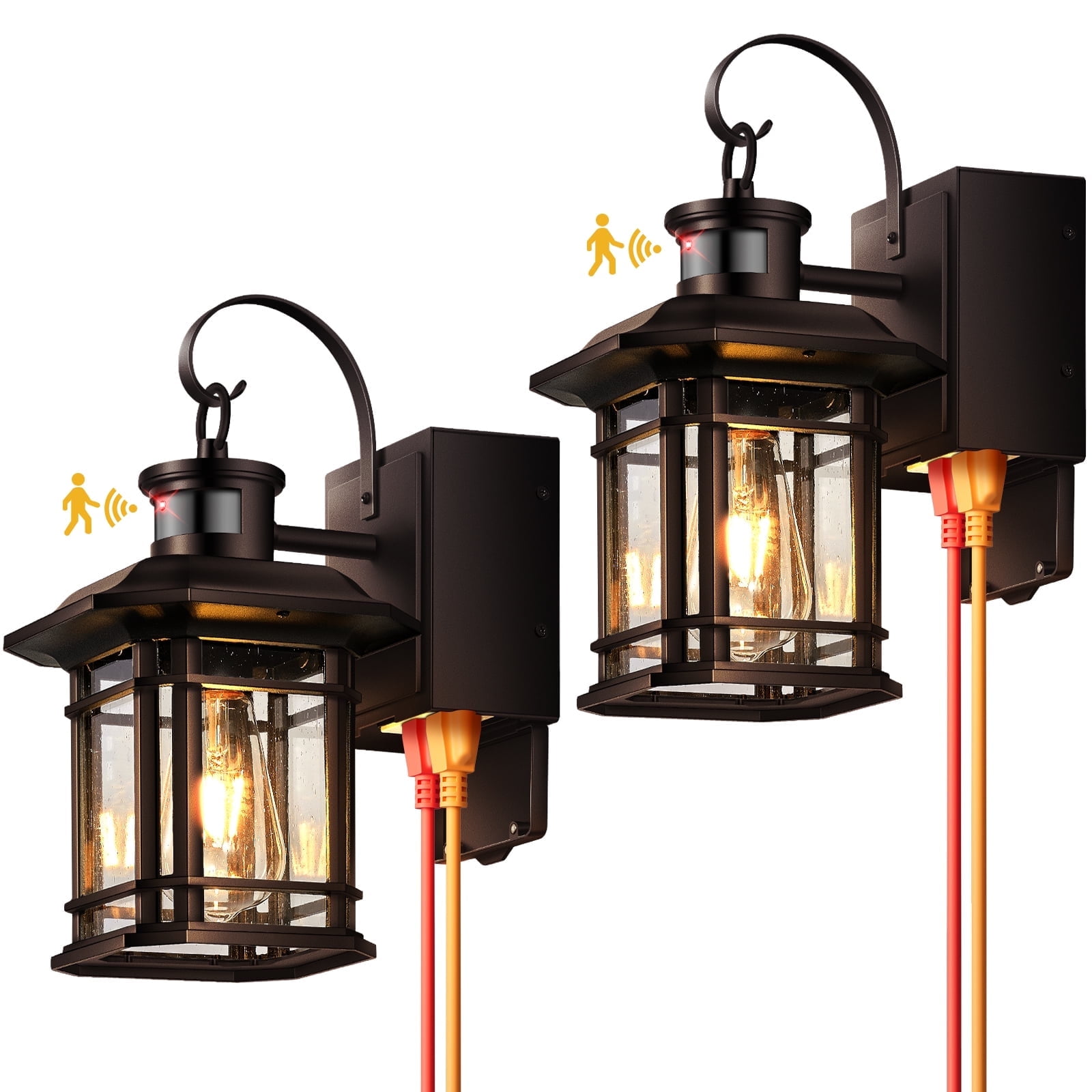 2 Pack Porch Light with GFCI Outlet, Dusk to Dawn Motion Sensor Outdoor Wall Lights with Outlet, Bronze Outdoor Light Fixture, Waterproof Outside Sconce Lights for House Garden Patio Garage