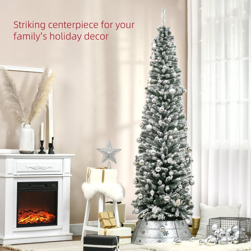 Alvantor Flocked Pencil Christmas Tree with Snow Tips, Dense Branches, Metal Stand 7.5ft Green