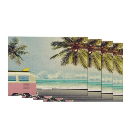 

Car in Beach Placemats Set of 4 Sea Sunshine Surfboard Tropical Palm Tree Honeymoon Travel Placemats for Dining Table 12X18 Inch Cotton Linen for Home Kitchen