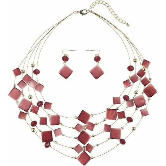 BOCAR 5 Layer Illusion Wire Gradient Color Shell Beaded Statement Necklace for Women (N0021_Wine)