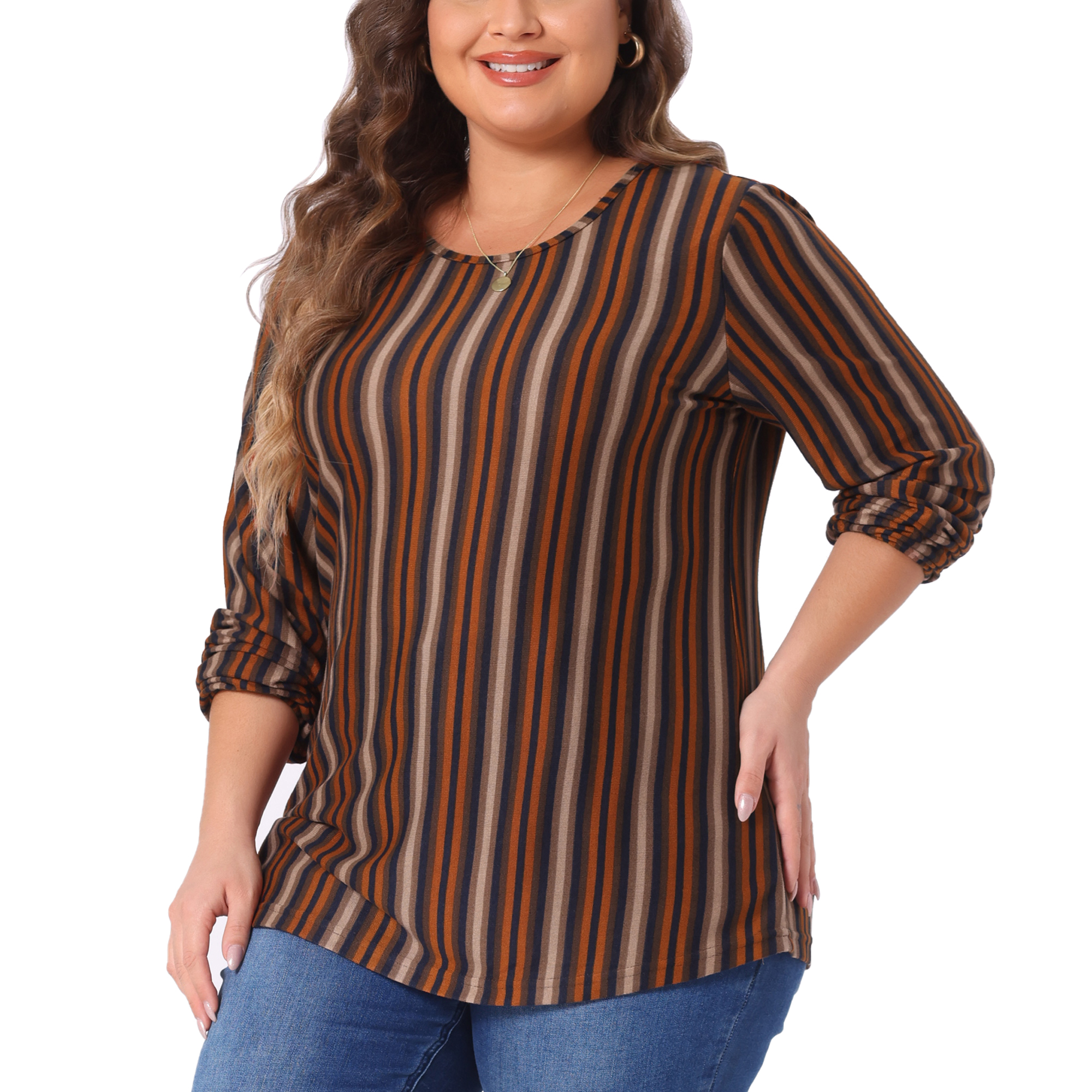 DARING DIVA Women's Plus Boho Color Block Elastic Cuff Long Sleeve Striped Top 3X Orange