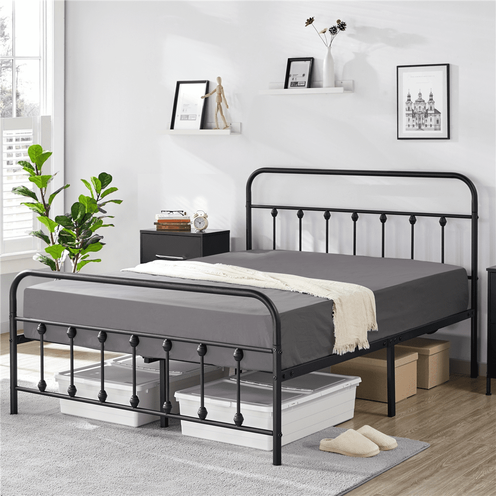 Fullfurnique Lit de plateforme métallique avec tête et pied de lit hauts pour adultes, Twin, Noir