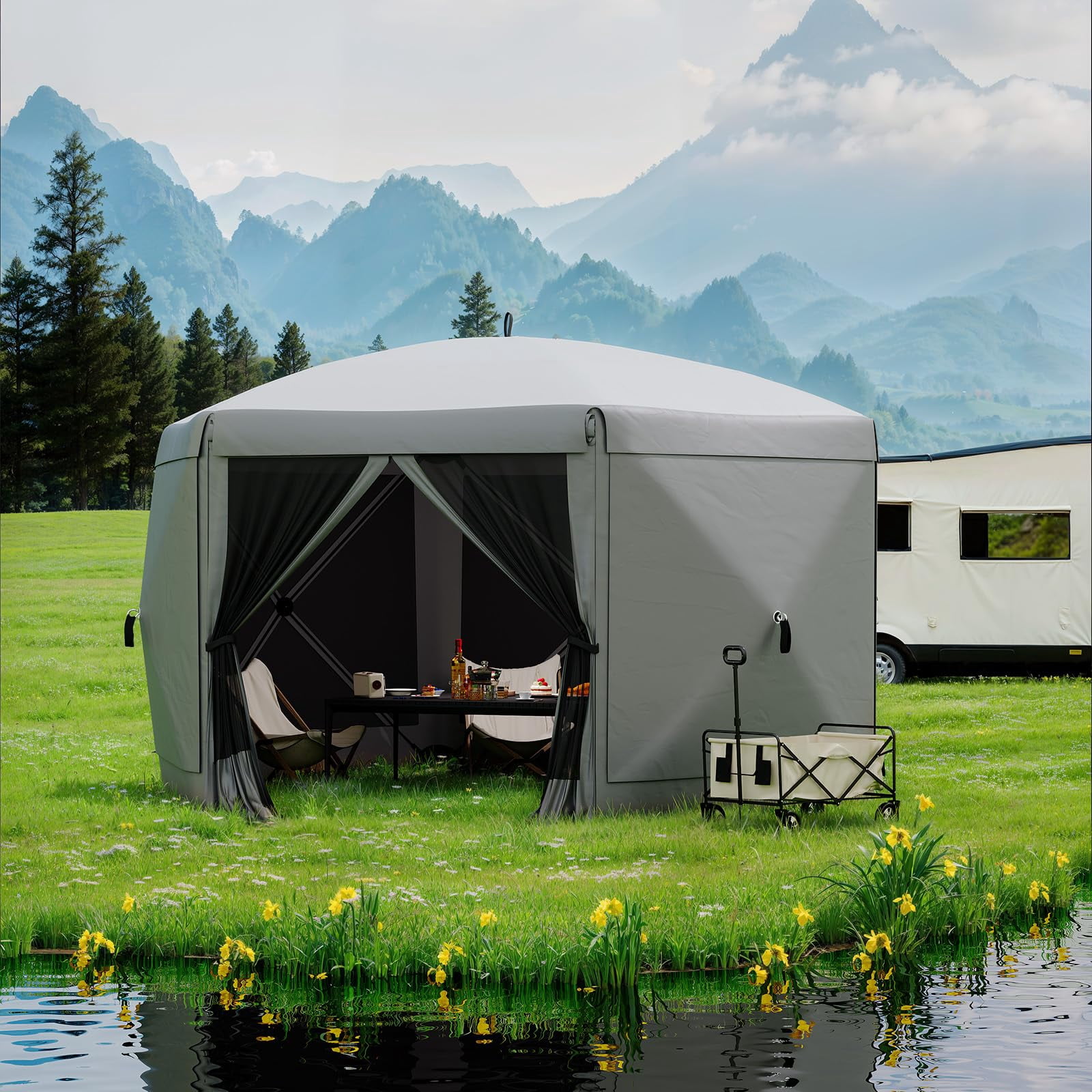 13x13FT 6-Sided Pop Up Canopy Tent，One-Push Setup Canopy Tent with Removable Canopy Top & Wind Cloths, Outdoor shelter for Camping, Backyard Parties, Outdoor Events - Grey