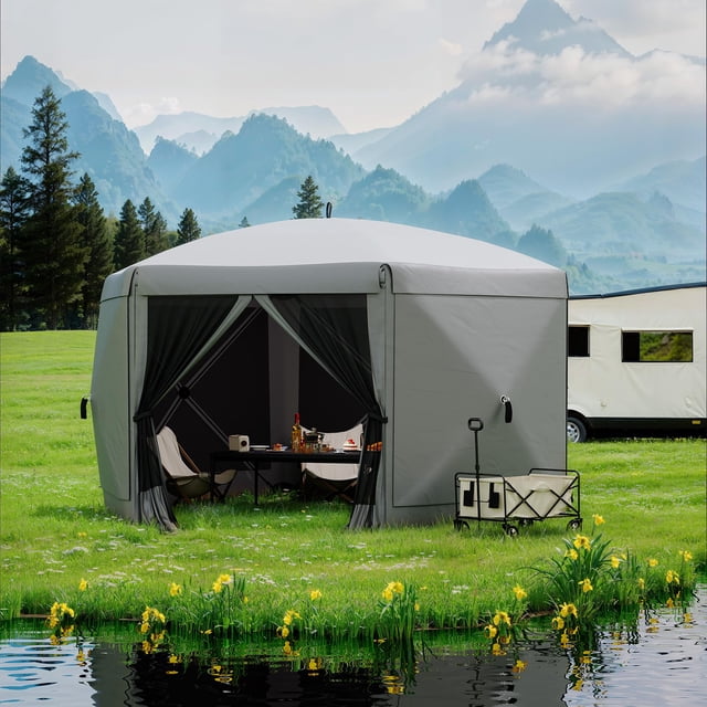 Pop Up Canopy 12FT - 6-Sided Instant Shelter, Grey, for Camping/Parties/Backyard | Mosquito Netting & Wind Panels, Includes Wheeled Bag