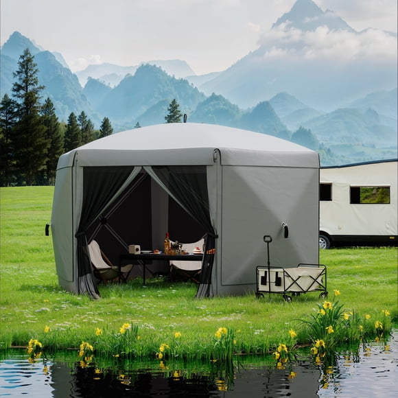 Pop Up Canopy 12FT - 6-Sided Instant Shelter, Grey, for Camping/Parties/Backyard | Mosquito Netting & Wind Panels, Includes Wheeled Bag