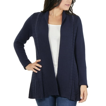 Belted Petite Cardigan - Women's Petite Contrast Multi-Stitch Open Front Cardigan Sweater