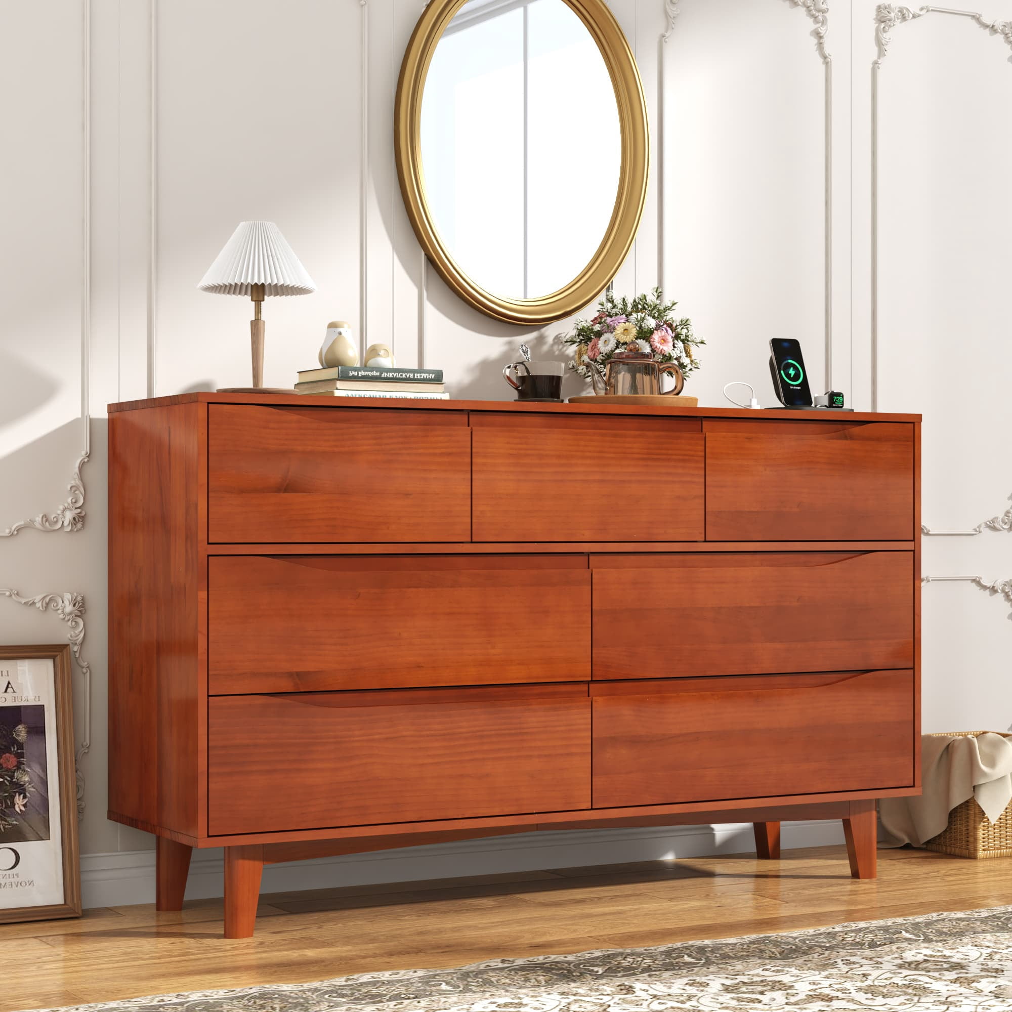ChVans 7 Drawer Dresser with Power Outlets, Solid Wood Dresser for Bedroom, Mid-Century Modern Closet Dresser w/ Groove Handle for Living Room Hallway Entryway