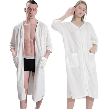 

Monfince Winter Men Women Robe Zip up Loose Mid-length Nightgowns V-neck Soft Sleep Shirt Bathrobe Sleepwear with Pockets
