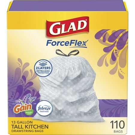Glad ForceFlex Tall Kitchen Drawstring Trash Bags, 13 Gal, Gain Lavender with Febreze, 110 Ct