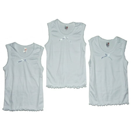 Girl Tile - Girls White Tie Accent Frill Edge 3 Pc Tank Undershirt 3 Pc Tops Set