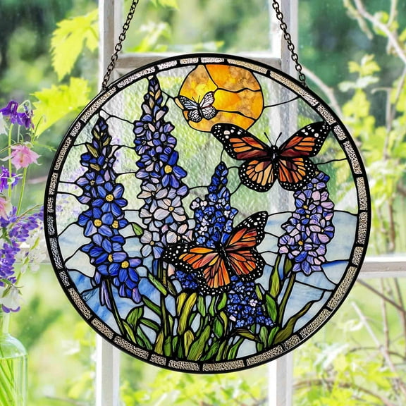 Lavender Monarch Butterfly Stained Glass Suncatcher for Window Hanging Wall Decor Art Gift for Butterfly Lovers Flower Ornament Holiday Gift, 2D Printed, 1-sided Sun Catcher