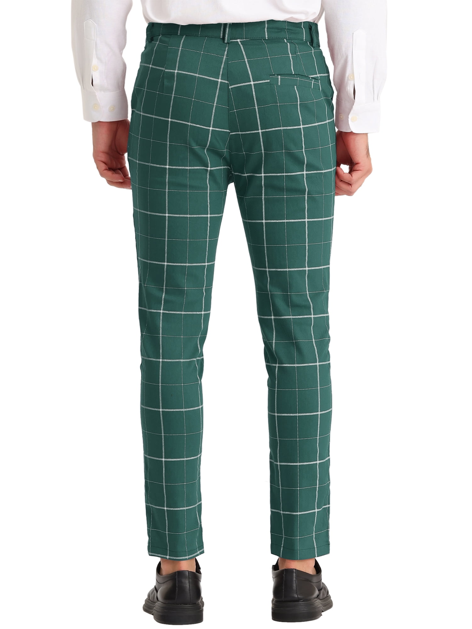 Unique Bargains Men's Plaid Slim Fit Flat Front Business Checked Trousers 38 Green