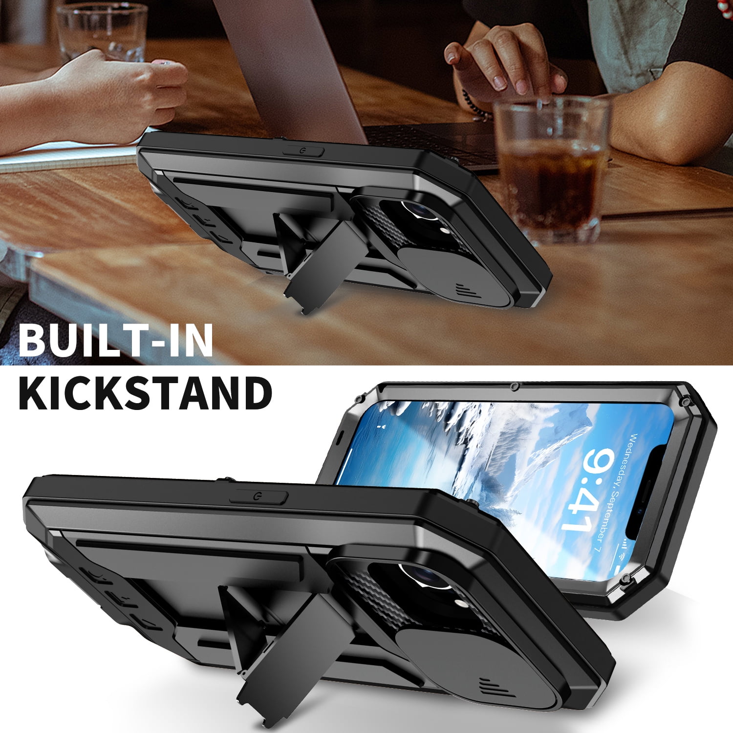 Dteck for iPhone 16E Case with Camera Cover Sliding, Heavy Duty Protection Rugged Screw Full Body Military Grade Metal Rubber with Stand Hard Built in Screen Protector for iPhone 16e 2025,Black