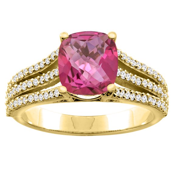 14K Yellow Gold Diamond Natural Pink Topaz Tri-split Ring Cushion-cut 8x6mm, size 5.5