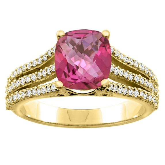14K Yellow Gold Diamond Natural Pink Topaz Tri-split Ring Cushion-cut 8x6mm, size 5