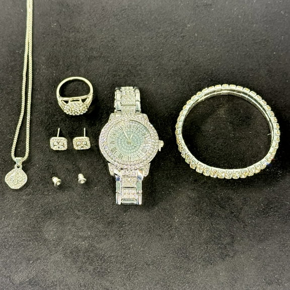 Elegant 5-Piece Women's Luxury Rhinestone Jewelry Set with Watch Tennis Bracelet Ring Necklace & Earrings Sparkling Crystal Bling Set for Party Wedding Gift