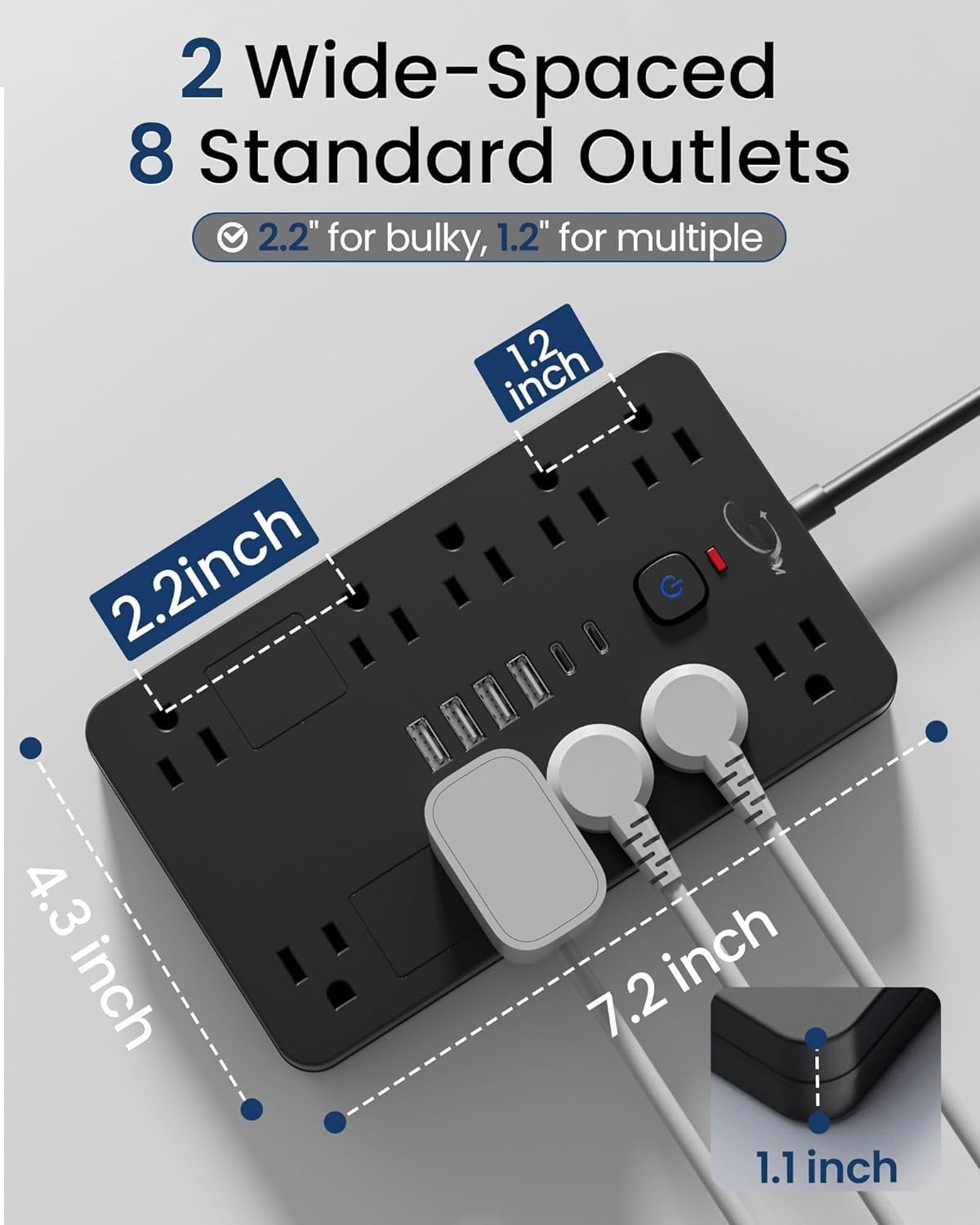 Surge Protector Power Strip,10 Outlets(1850W/15A/14AWG) with 6 USB Ports (2 USB C), 6  Extension Cord wall Mount Power Strip, ETL Listed for , Dorm Room