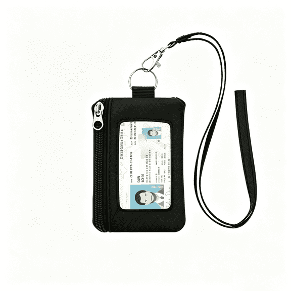 Minimalist RFID Blocking Wallet with 2 Zip Pockets and Lanyard, Water Resistant ID Case with Key Ring and Cards Badge Holder, Coin Purse Pouch for Men and Women Travel Sports -BK