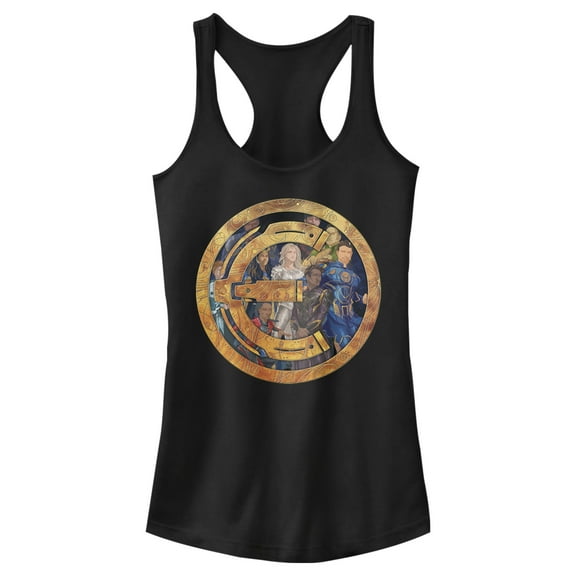 Junior's Marvel Eternals Group Gold Badge Racerback Tank Top Black X Small