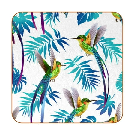 

OWNTA Hummingbird Tropical Flowers Pattern Premium 6-Piece Square Coaster Set in Microfiber Leather - Non-Slip & Absorbent Cup Mats