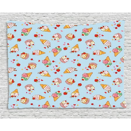 Tartan Heart - Ice Cream Decor Tapestry, Sweet Cherries on Checkered Tartan Motif with Hearts Love Valentines Print, Wall Hanging for Bedroom Living Room Dorm Decor, 80W X 60L Inches, Multicolor, by Ambesonne