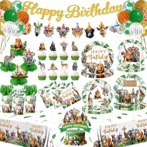 Safari Themed Party Decorations Tableware,198pcs Jungle Plates and Napkins for Party,animal Birthday Party Tablecloth Cups Cake Toppers Balloons for Zoo Party Decorations