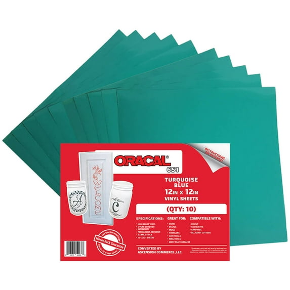 (10) 12" x 12" Sheets - Oracal 651 Turquoise blue Adhesive Craft Vinyl for Cricut, Silhouette, Cameo, Craft Cutters, Printers, and Decals - Matte Finish and Outdoor and Permanent