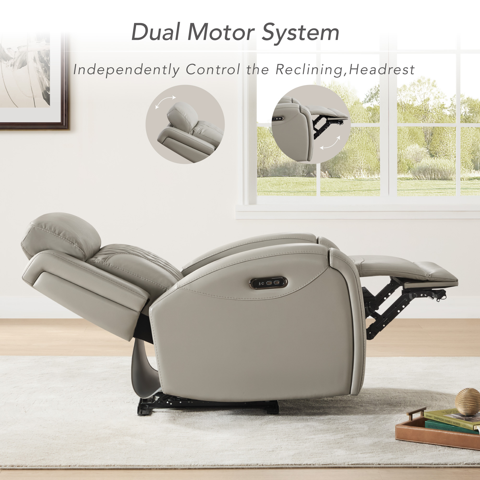 Spruce & Spring Leather Dual-Motor Lay Flat Recliner with Diamond Quilting, Light Gray