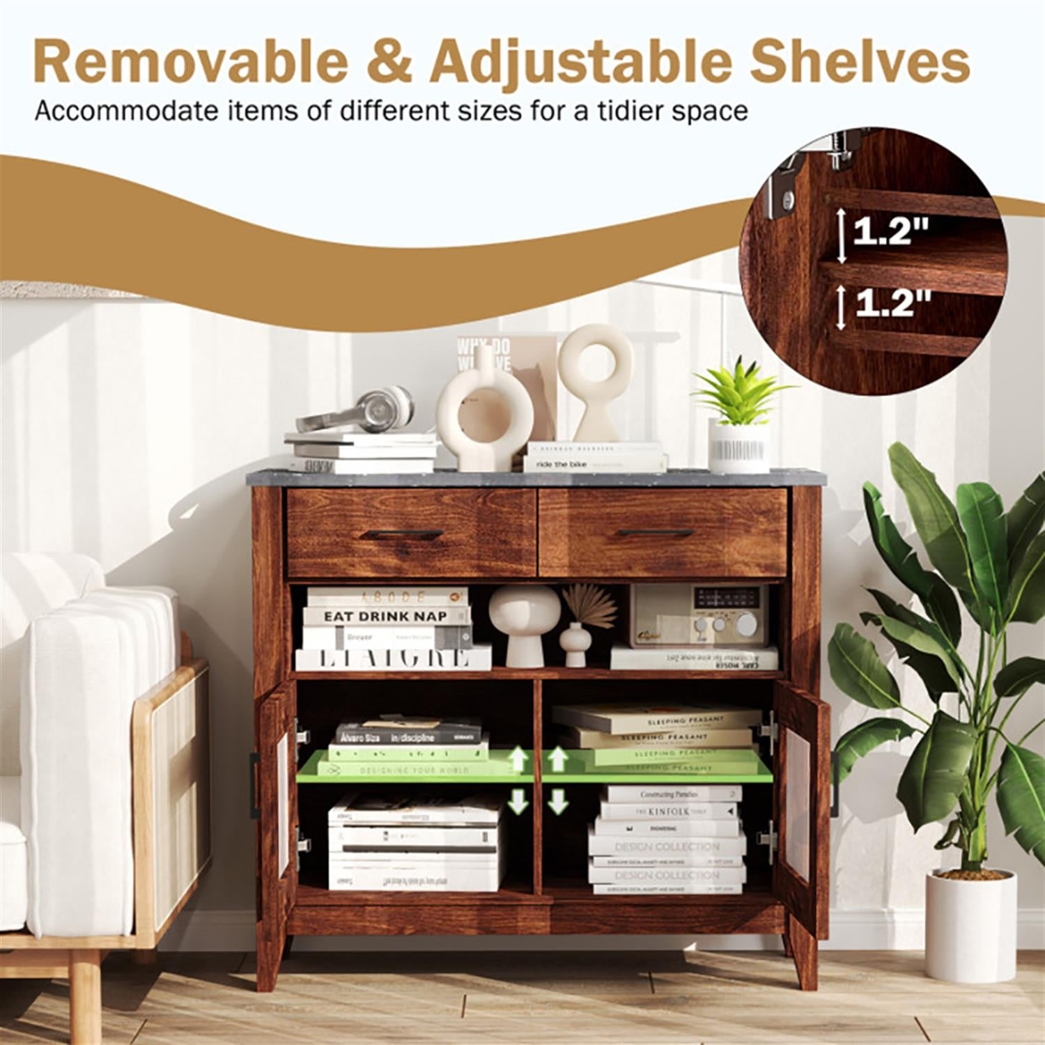 Demi Bonn 39" Sideboard Buffet Cabinet with 2 Drawers and 1 Open Compartment, Kitchen Storage Cabinet, Wood Coffee Bar Buffet Table for Dining Room, Brown