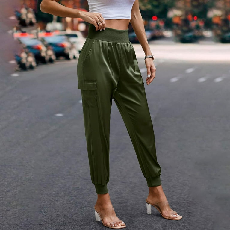 Eguiwyn Pants for Women Women's Satin Elastic Waist Pocket Trousers Casual  Pants Green XL