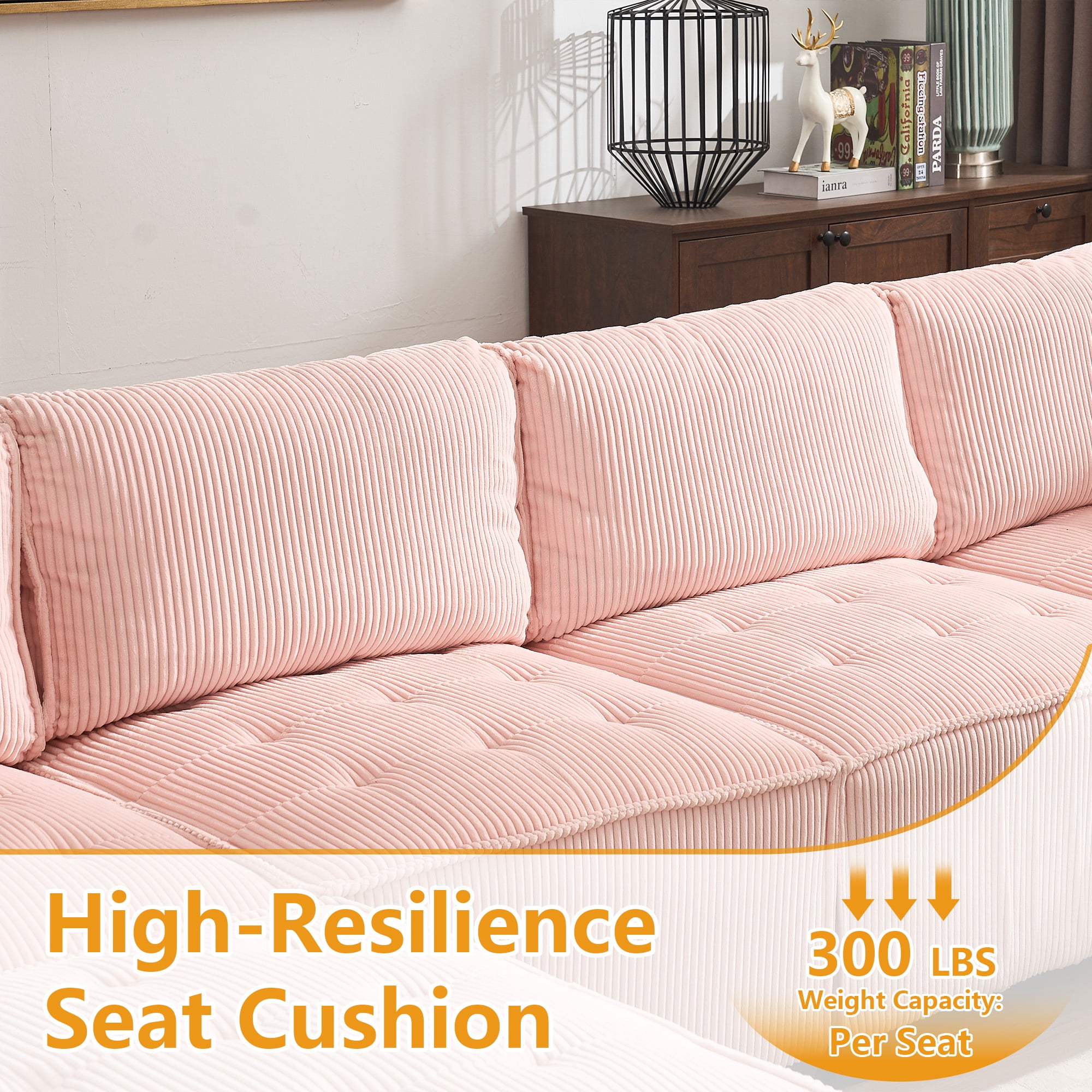 MOONMISS U-Shaped Corduroy Upholstered 6-Seat Convertible Modular Sectional Sofa Fit for Living Room-Pink