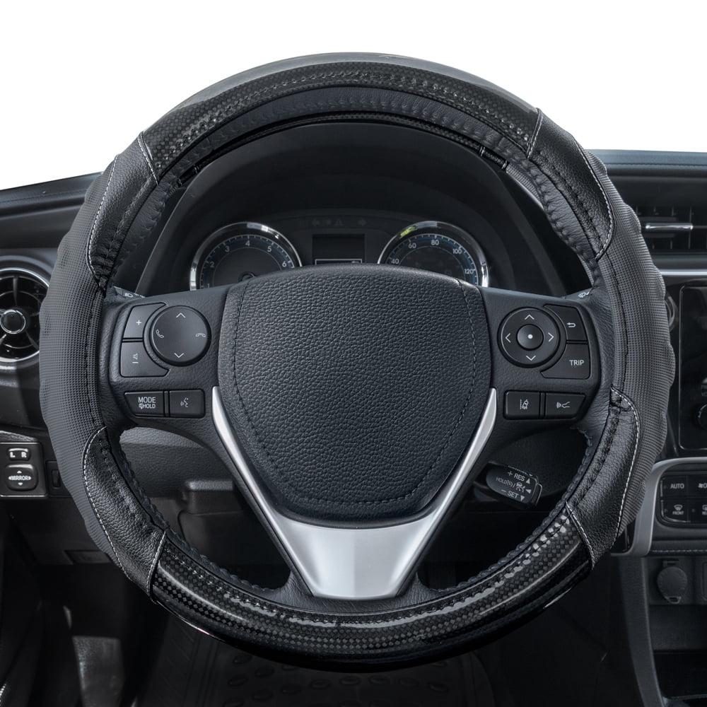 Motor Trend GripPlus Black Carbon Fiber Steering Wheel Cover, Standard 15 inch Size, Advanced Traction Grip, Car Steering Wheel Cover for Truck Van SUV Auto