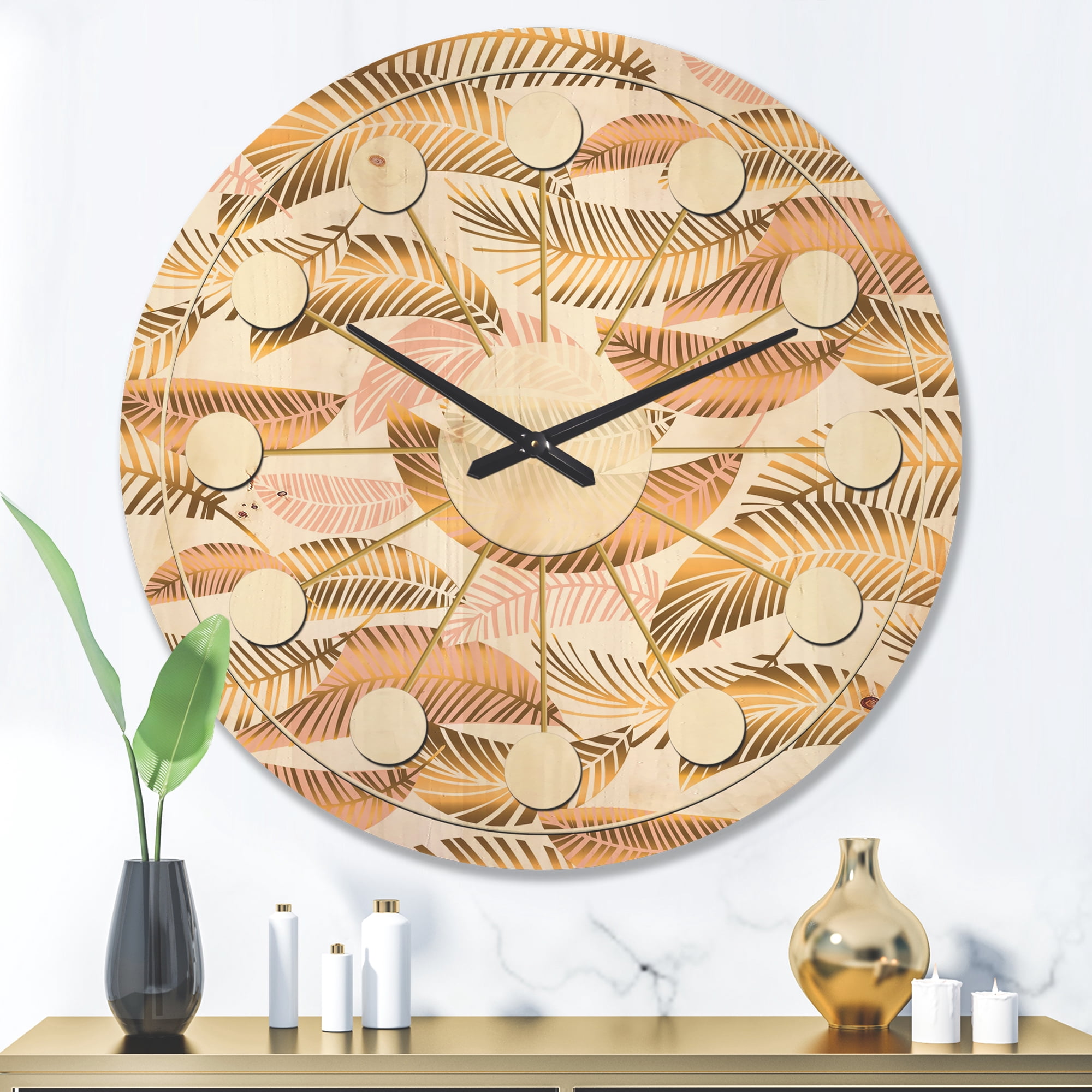 Designart 'Golden Tropical Leaves Pattern III' Mid-Century Modern Wood Wall Clock