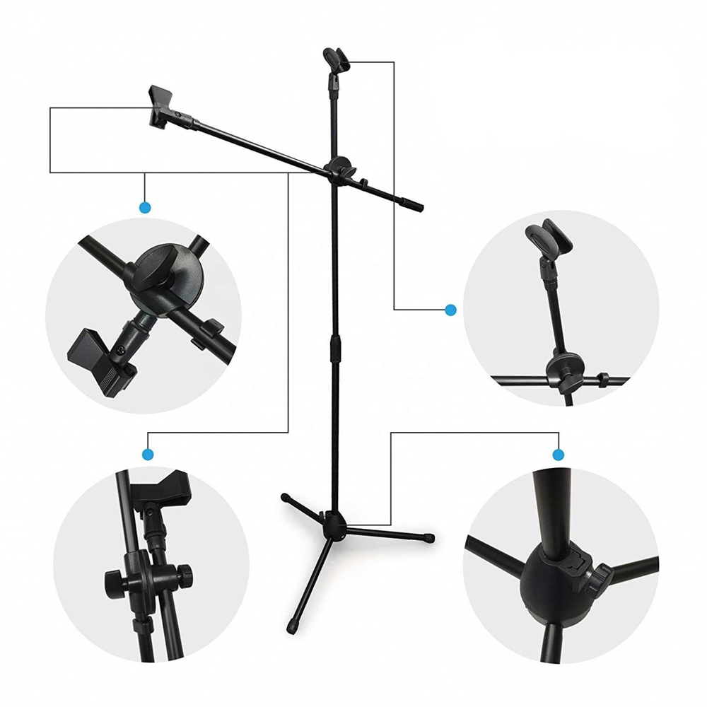 Microphone Stand Mic Foldable Double Clip Tripod 360 Rotating with Extending Boom Arm