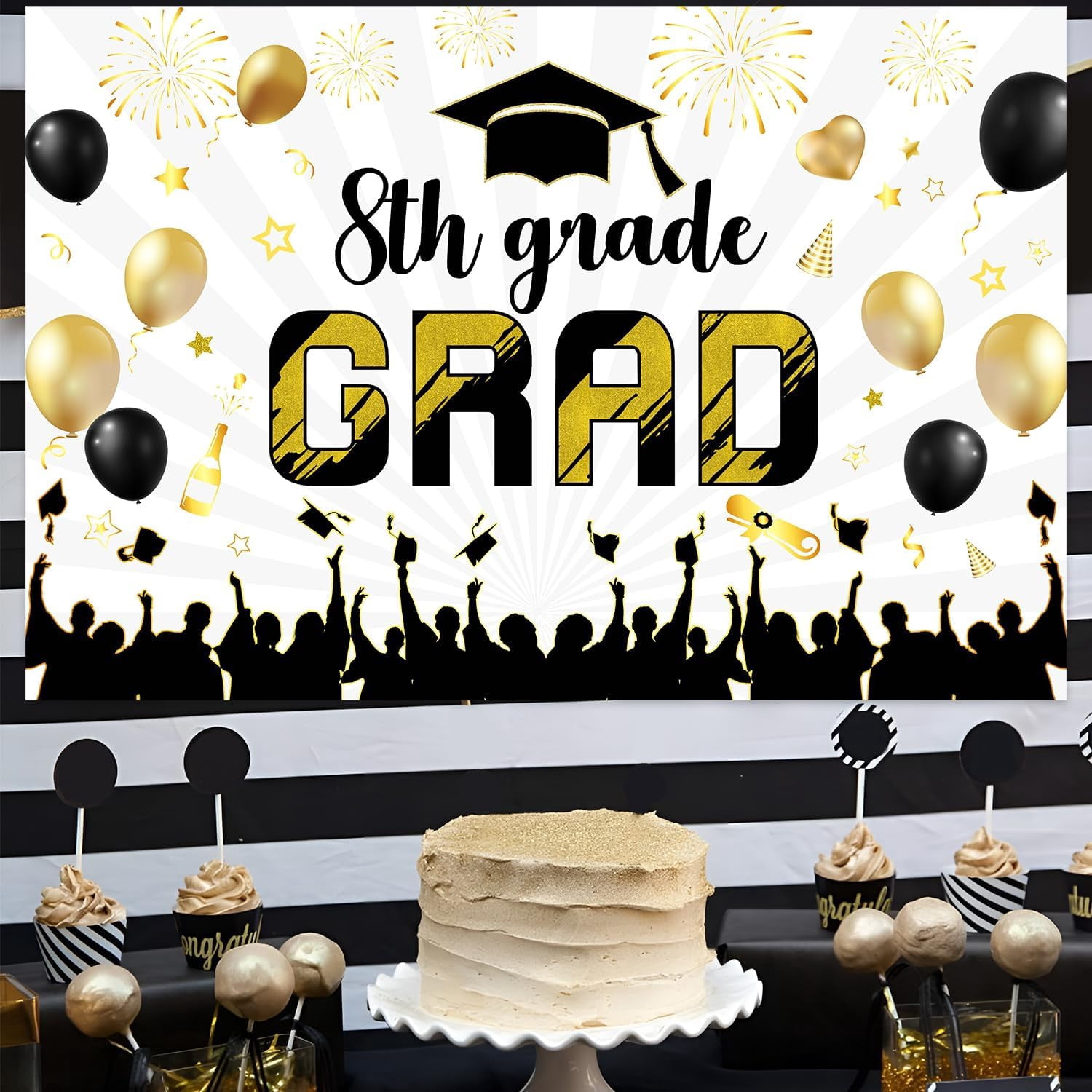 5 * 3ft 2024 Congrats Grad Graduation Backdrop 8th Grade Grad Graduation Photography Background Cloth Golden Black Glitter Printed Bachelor Cap Balloon Props Banner for Grad Congrats Prom Party Decor