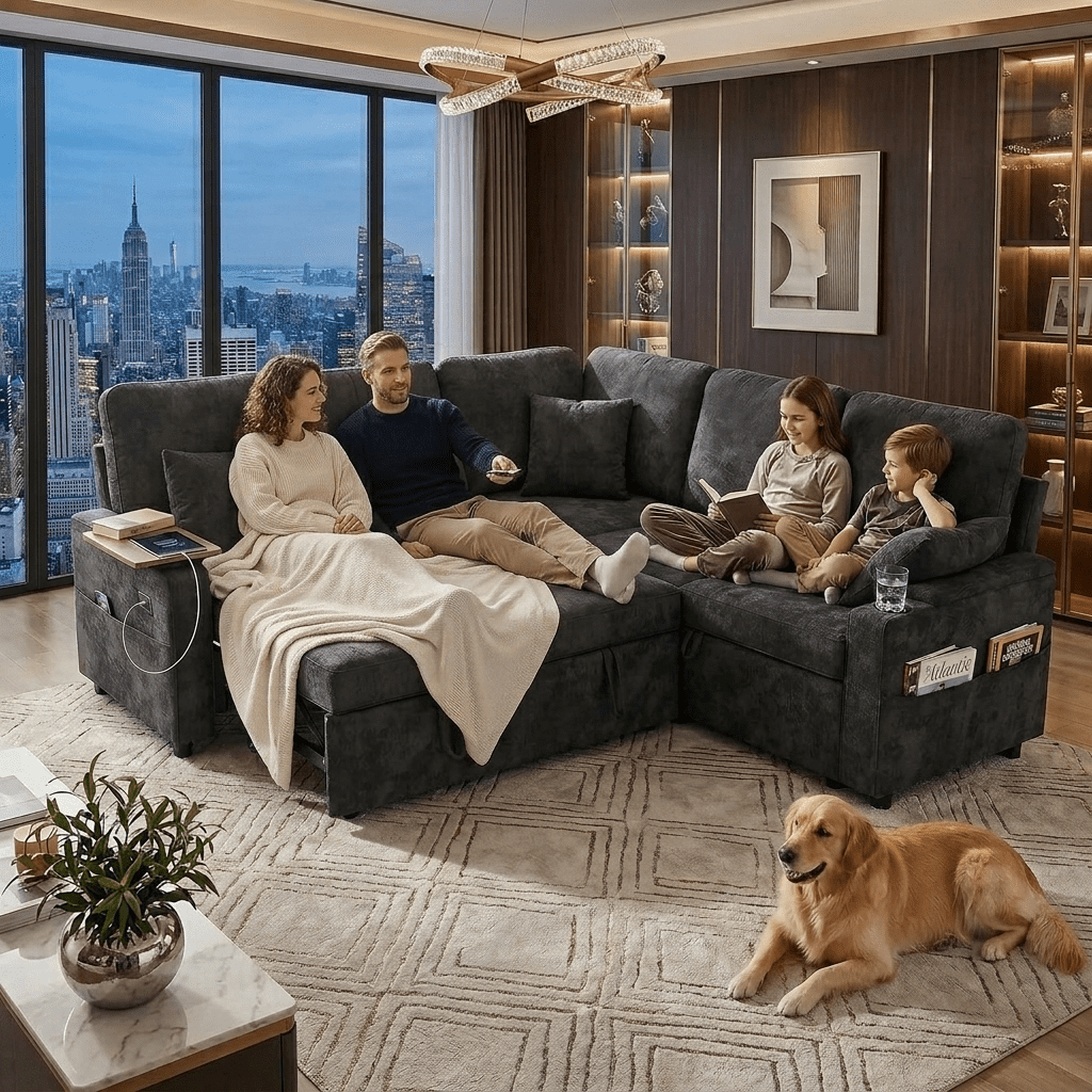 EPOWP 81" Modular Sectional Sleeper Sofa, L Shaped 5-Seater Couch with Pull Out Bed, Large Storage Chaise, USB Charging Ports & Cup Holders, Chenille Sofa Bed for Living Room, Black