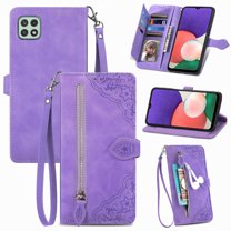 Feishell Case for Samsung Galaxy A42 5G, Embossed Card Slots Retro Leather Wallet Shockproof Flip Cover with Hand Strap Card Slots Zipper Pocket Kickstand Handbag Magnetic Closure, Purple