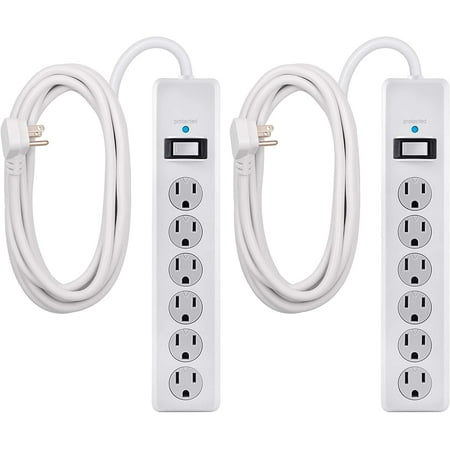 GE 6 Outlet Surge Protector 2 Pack, 15 Ft Extension Cord, Power Strip, 800 Joules, Flat Plug, Twist-to-Close Safety Covers, White, 54649