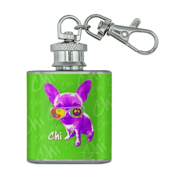Chi Chihuahua Dog Sunglasses Vintage Retro Stainless Steel 1oz Mini Flask Key Chain