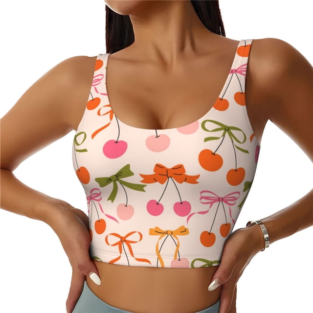 Fotbe Cherries And Bows Sujetador Deportivo Largo sin Aros para Mujer con Almohadillas y Soporte Medio, Transpirable y Absorbente, Camiseta Tipo Chaleco o Tank Top-Medium