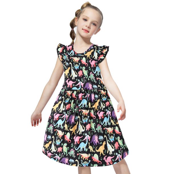 Girls Summer Dress Colorful Cartoon Print Cotton Short Sleeve Dresses One Piece Knee Length Daily Wear Birthday Party Walmart Com