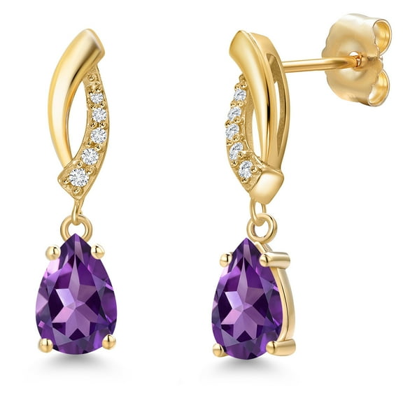 Gem Stone King 14K Yellow Gold Purple Amethyst and Lab Grown Diamond Earrings for Women | 1.33 Cttw | Gemstone February Birthstone | Pear Shape 7X5MM