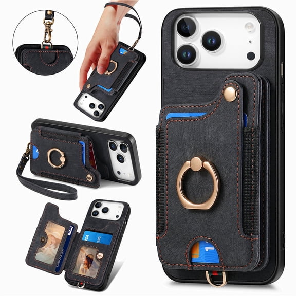 Allytechgroup Wallet Cards Holder Case for iPhone 17 Pro with Ring Holder, Slim Premium PU Leather Retro Hand Wrist Stand Shockproof Compatible with Car Mount for Women Girls, Black
