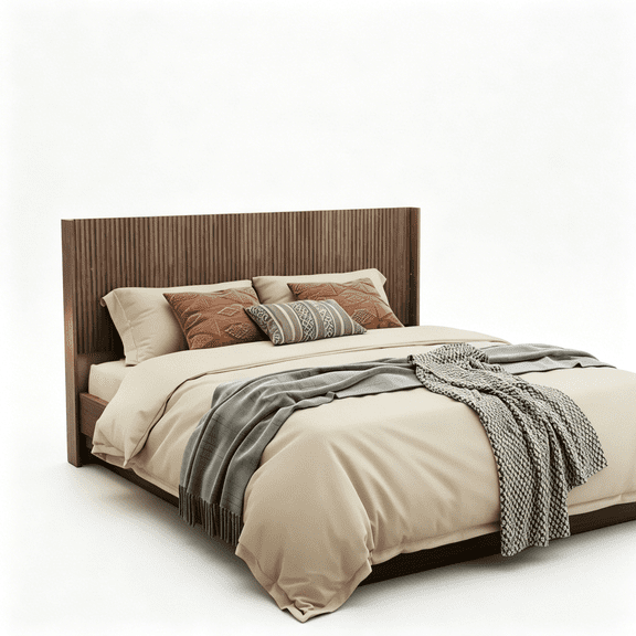 Walnut Wood Headboard for King Bed, Modern Farmhouse Style Wingback Design with Fluted Panels, Wall Mounted Bedroom Accent Piece
